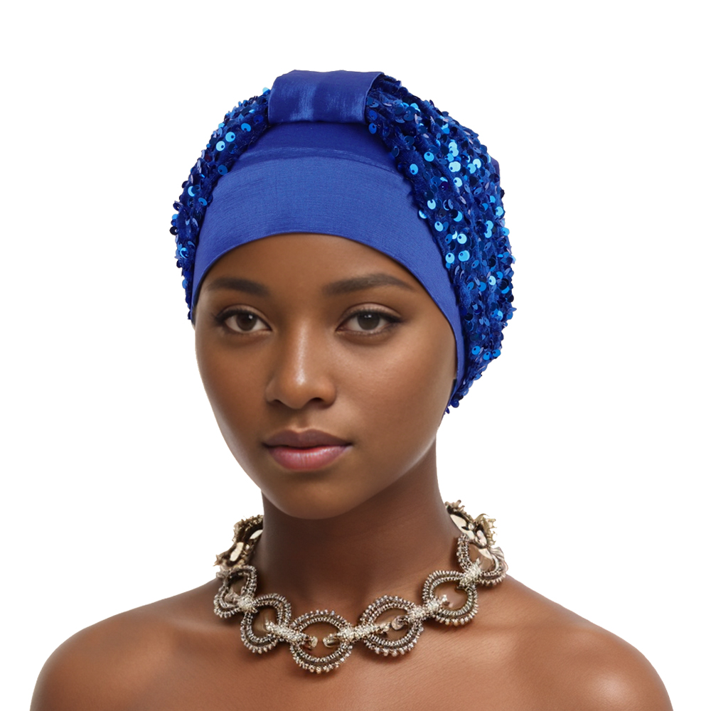 Head Wrap Turban - Glitter Sequins African Turban Cap Top